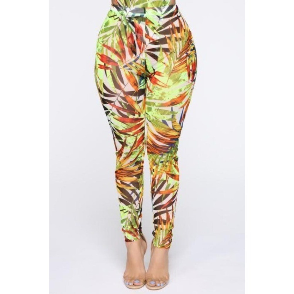 Fashion Nova Tropical Print Sheer Mesh Leggings Pants XS Clubwear Vacation